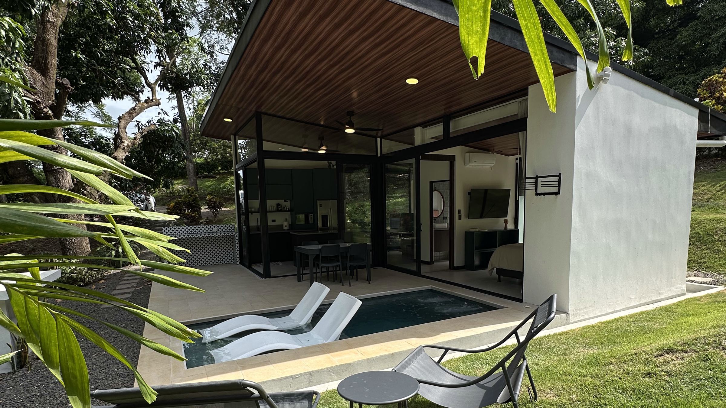 Palm fronds framing the pool, in-water loungers and the glass villa among the trees